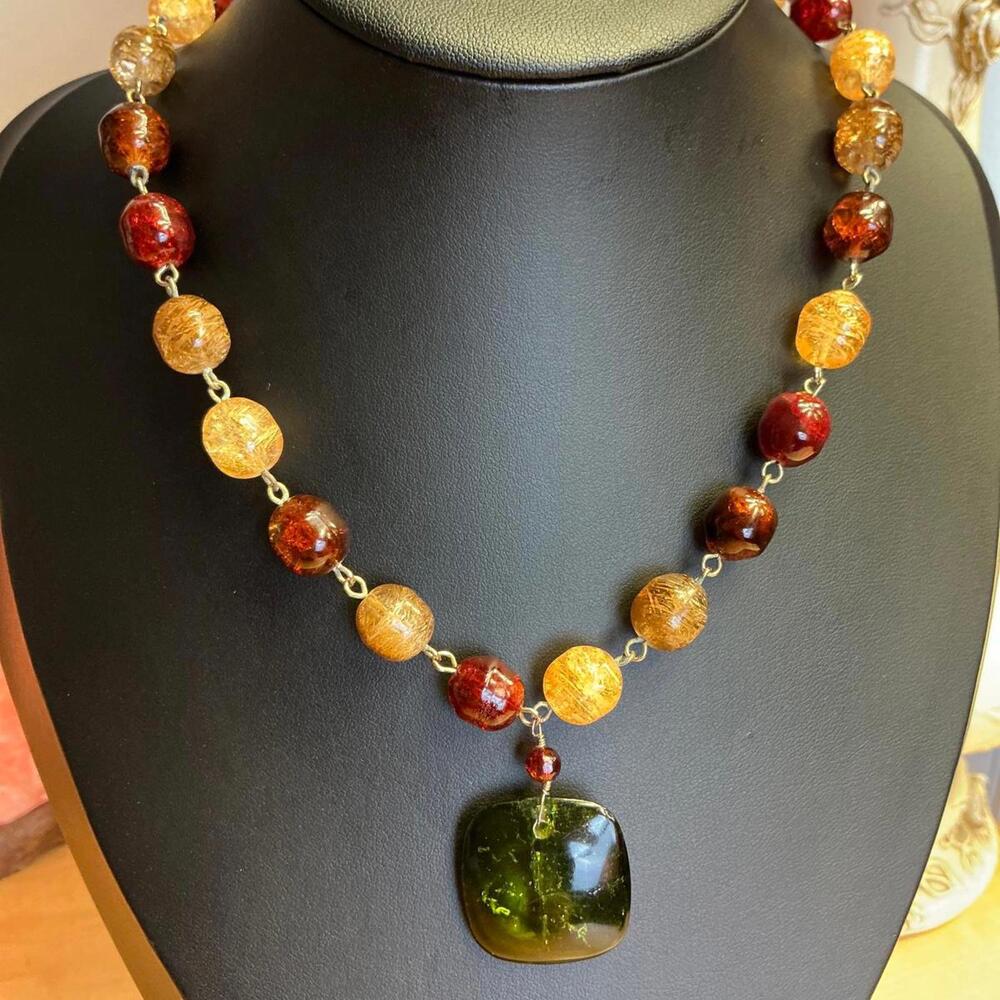 Elegant Vintage Multicolor Monet Glass Beaded Faux Amber Necklace